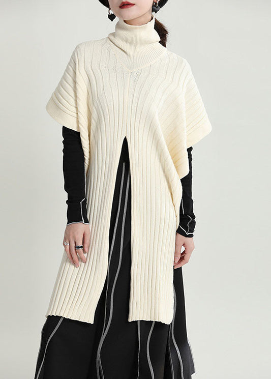 Beige Turtle Neck Side Open Knit Pullover Cloak Sleeves