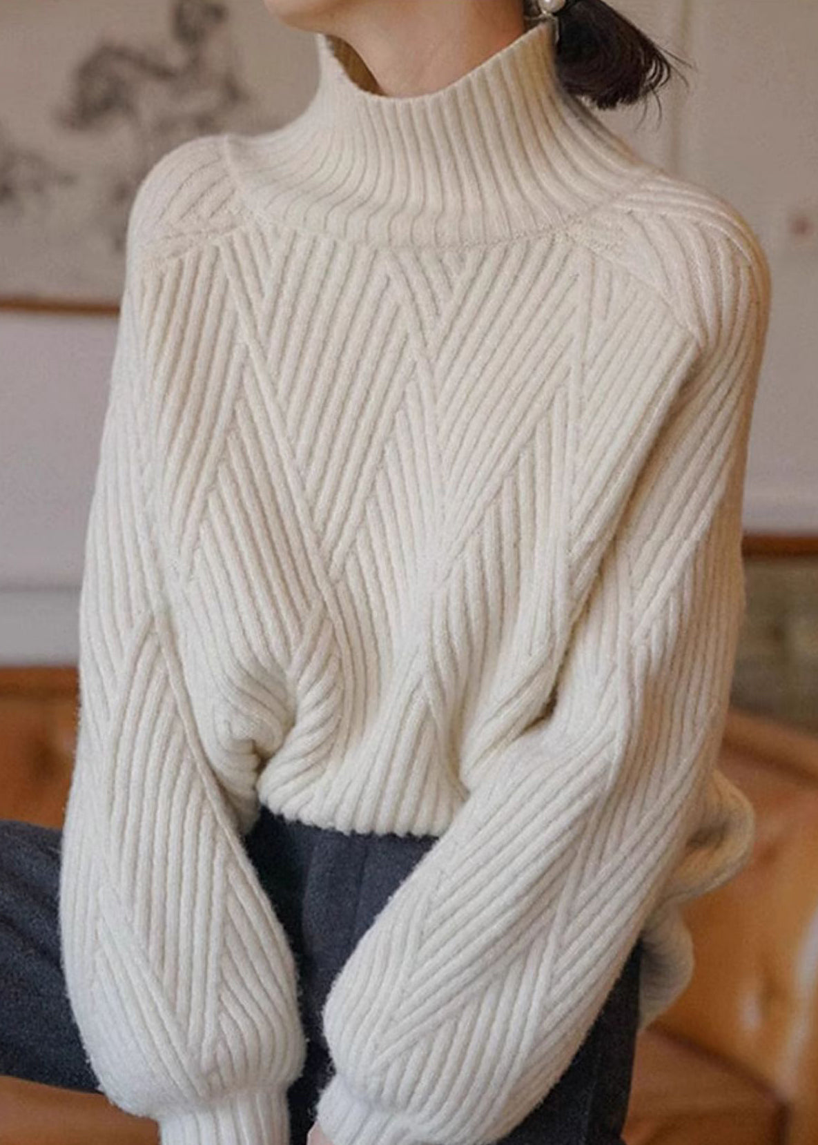 Beige Turtleneck Cozy Cotton Knit Sweaters Fall