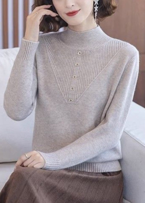 Beige Turtleneck Wool Knit Tops Long Sleeve