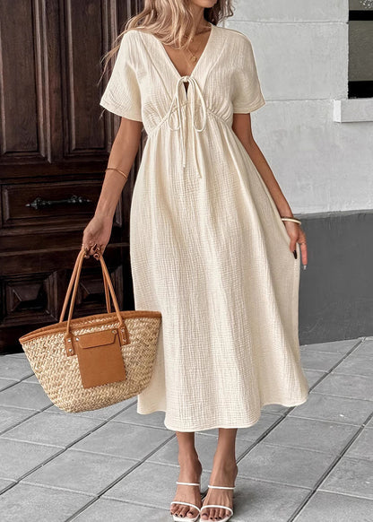 Beige V Neck Lace Up Patchwork Cotton Dress Summer