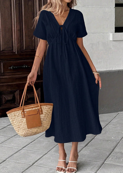 Beige V Neck Lace Up Patchwork Cotton Dress Summer