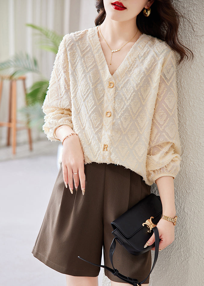 Beige V Neck Letter Cotton Blouses Spring