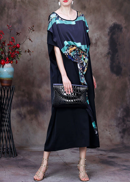 Black Asymmetrical Design Print Chiffon Dress Batwing Sleeve