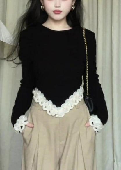 Black Asymmetrical Lace Patchwork Knit Sweaters Long Sleeve