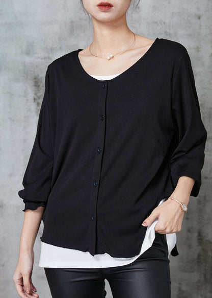 Black Asymmetrical Patchwork Cotton Sweatshirts Top Spring