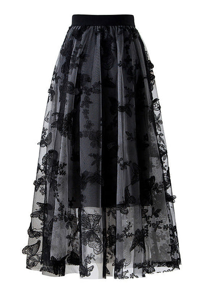 Black Butterfly Elastic Waist Tulle a Line Skirts Spring