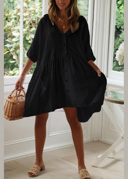Black Button Cotton Pockets Summer Vacation Dresses