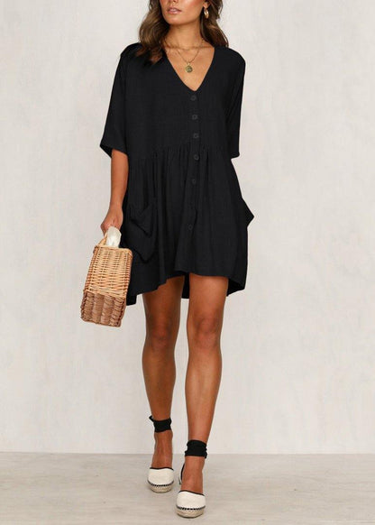 Black Button Cotton Pockets Summer Vacation Dresses