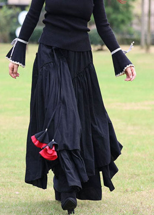 Black Cinched Patchwork Cotton Skirt Spring