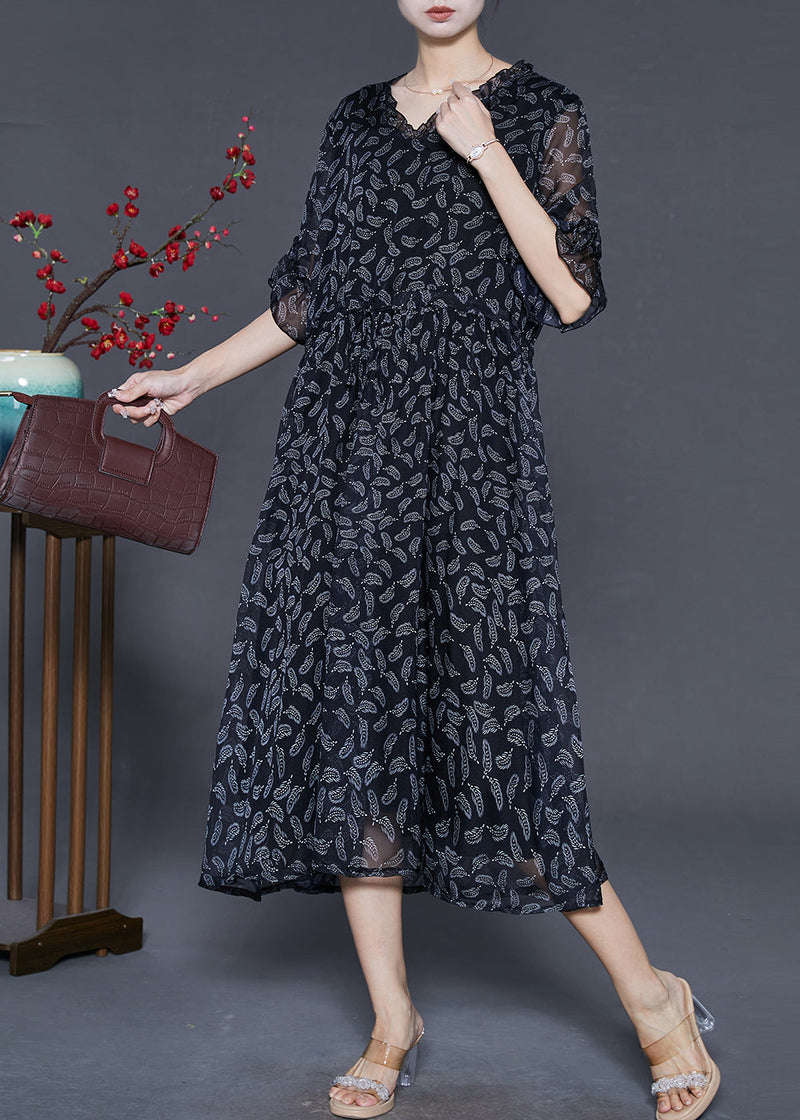 Black Cinched Print Chiffon Long Dresses Summer