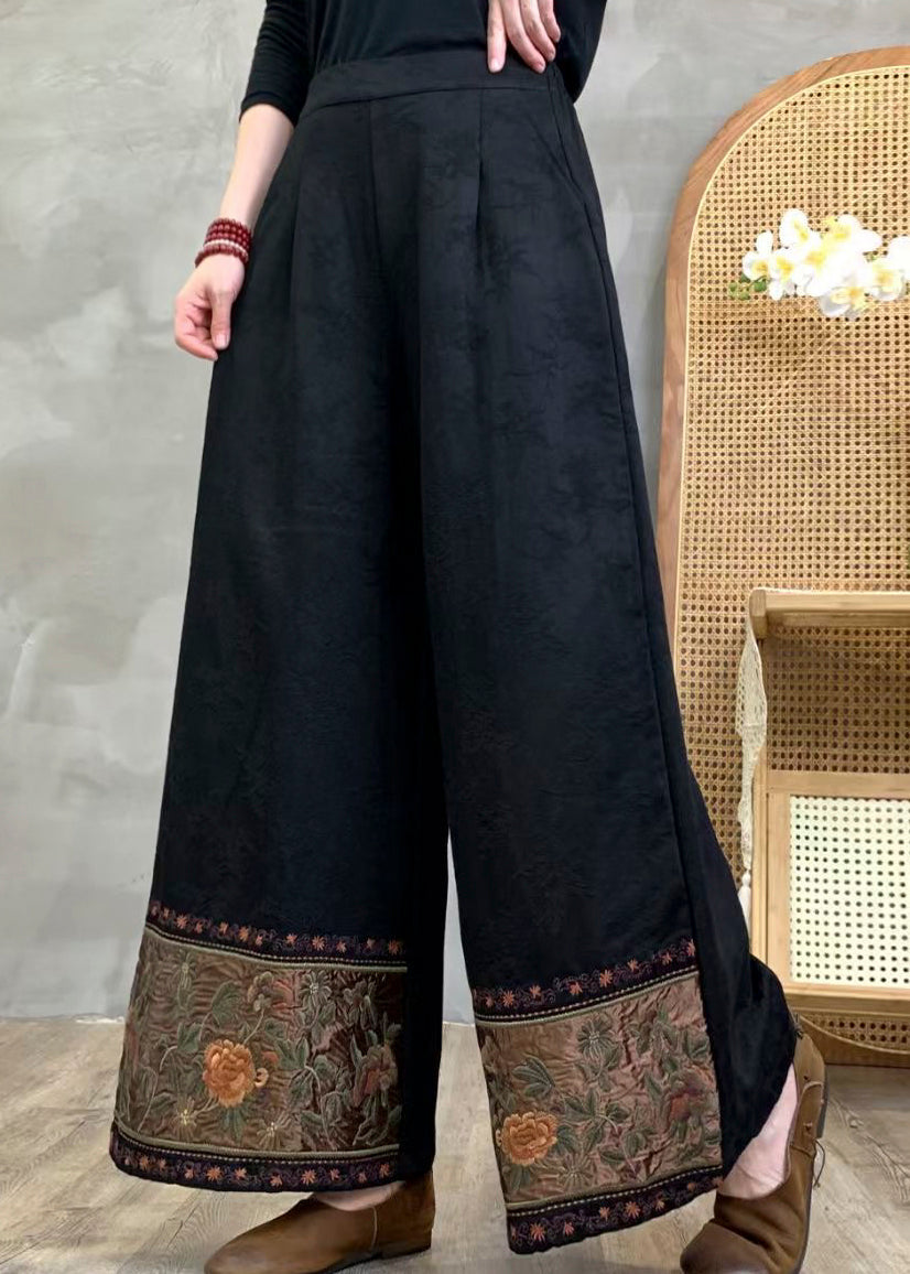 Black Embroidered Cotton Wide Leg Pants Spring