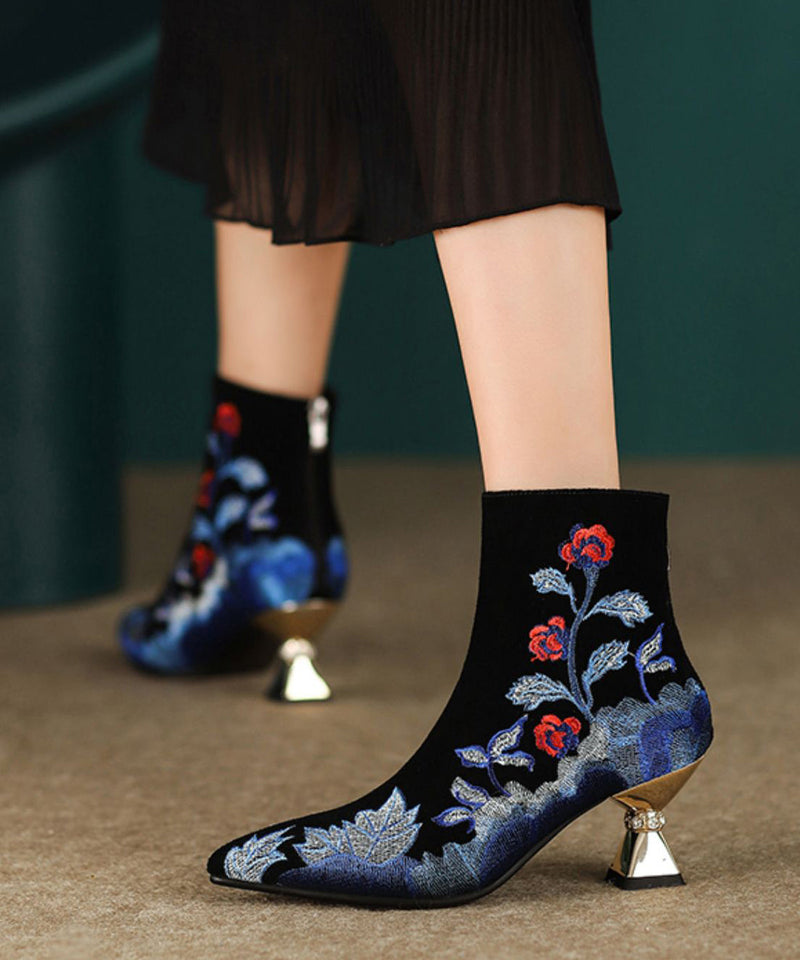 Black Embroidered Zippered Suede High Heels