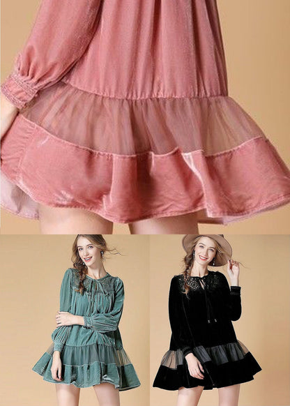 Black Embroideried Patchwork Velour Mini Dress Spring