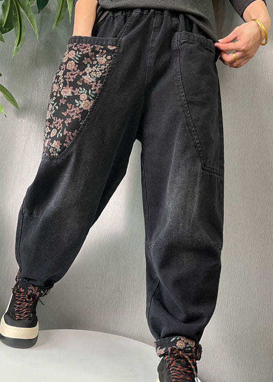 Black Embroideried Pockets Denim Pants Spring