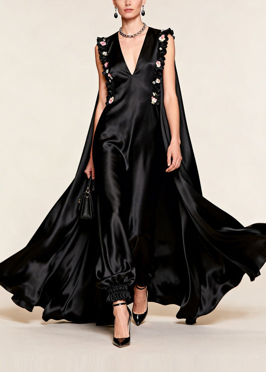 Black Exra Large Hem Silk Evening Dress Sleeveless
