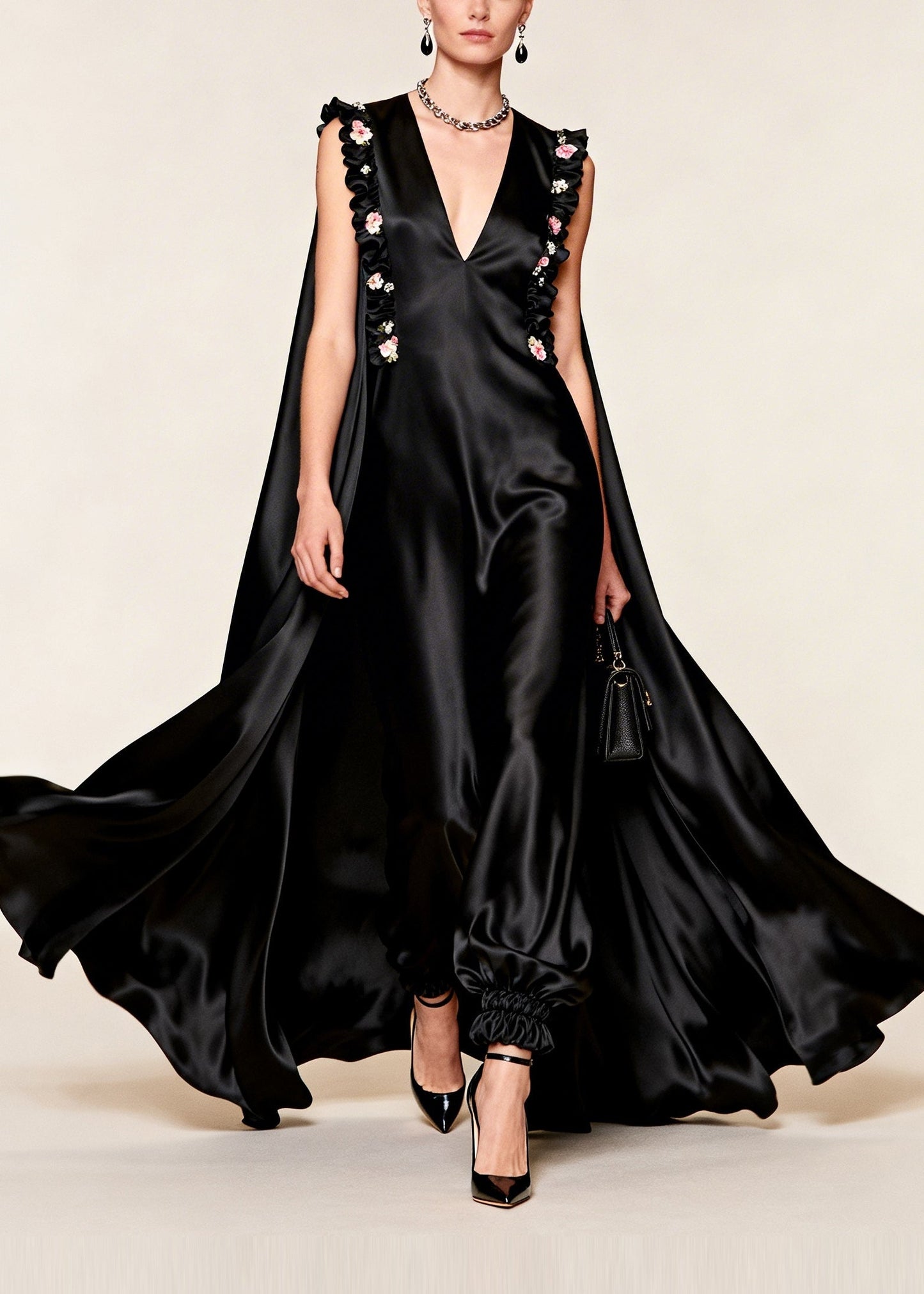 Black Exra Large Hem Silk Evening Dress Sleeveless