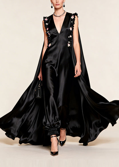 Black Exra Large Hem Silk Evening Dress Sleeveless