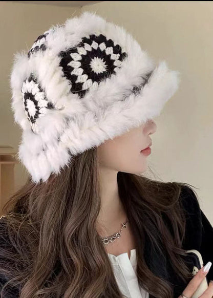 Black Fuzzy Fur Fluffy Knitted Tiger Head Cotton Bucket Hat