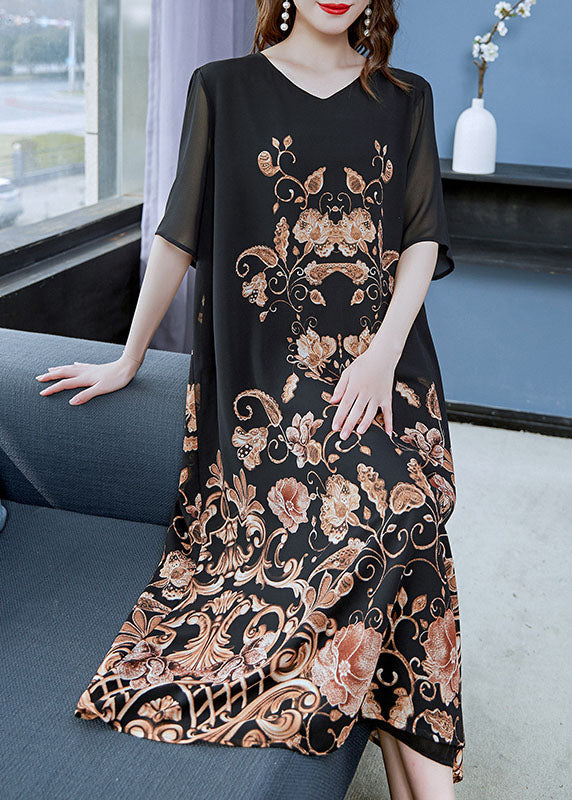 Black Gold V Neck Print Patchwork Chiffon Dress Summer