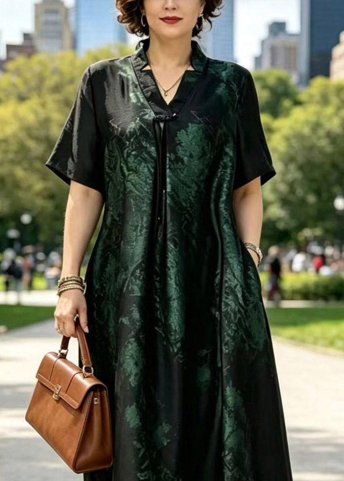 Black Gold V Neck Wrinkled Patchwork Silk Long Dresses Summer