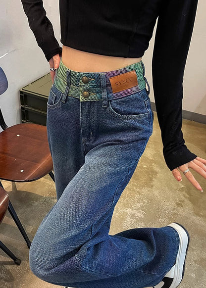 Black High Waist Patchwork Denim Straight Pants Spring
