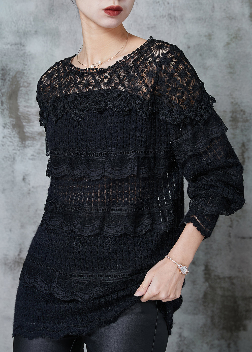 Black Hollow Out Patchwork Lace Knit Shirts Spring