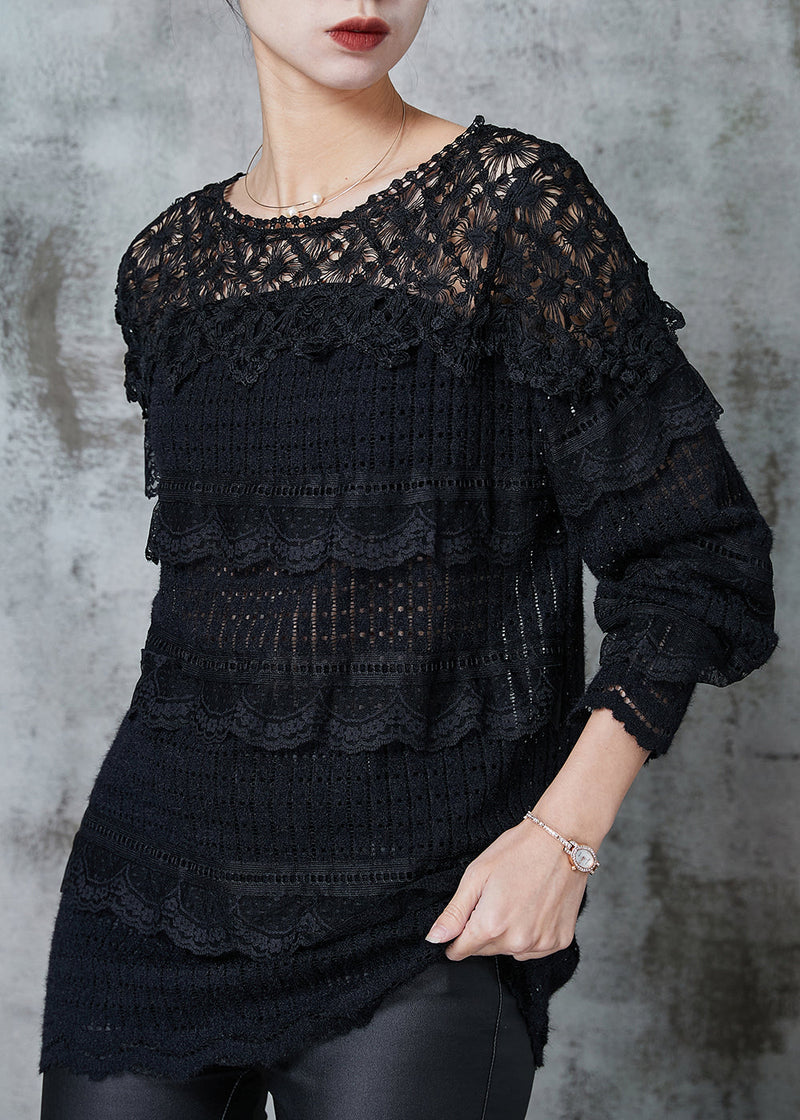 Black Hollow Out Patchwork Lace Knit Shirts Spring