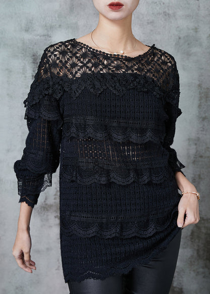 Black Hollow Out Patchwork Lace Knit Shirts Spring