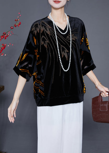 Black Hollow Out Zircon Silk Velour Shirt Top Half Sleeve