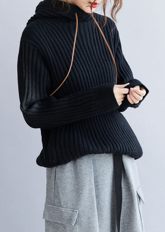 Black Hooded Drawstring Thick Knit Pullover Winter