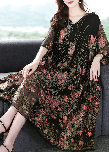 Black Hooded Embroideried Silk a Line Dress Summer