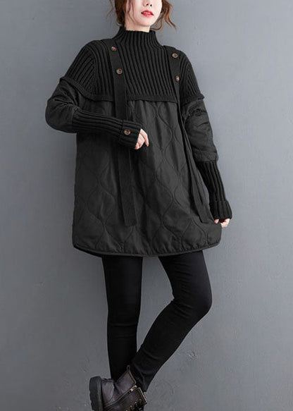 Black Knit Patchwork Fine Cotton Filled Sweaters Winter