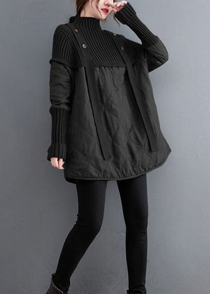 Black Knit Patchwork Fine Cotton Filled Sweaters Winter