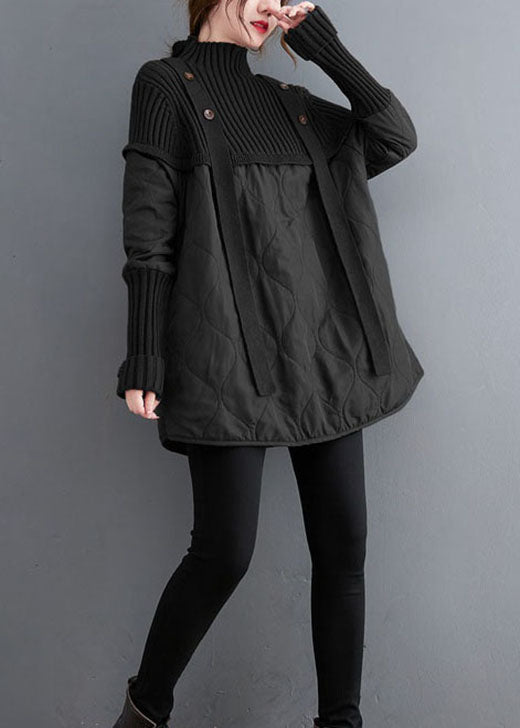 Black Knit Patchwork Fine Cotton Filled Sweaters Winter