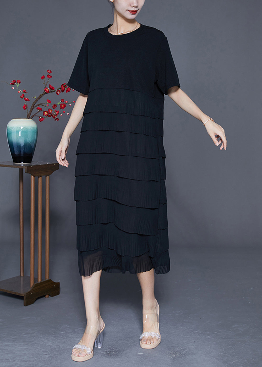 Black Layered Ruffles Wrinkled Chiffon Long Dress Summer