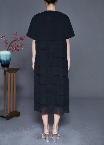 Black Layered Ruffles Wrinkled Chiffon Long Dress Summer
