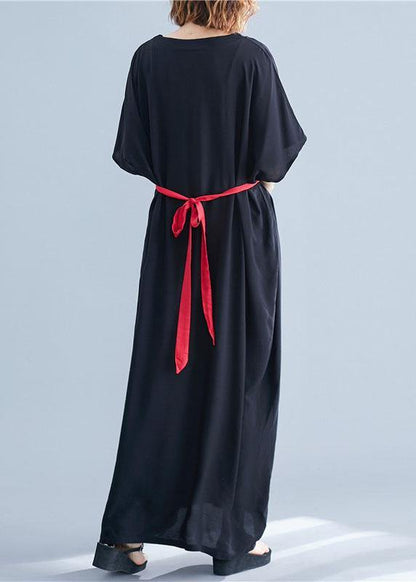 Black Loose V Neck Bat Wing Sleeve Summer Vacation Dress