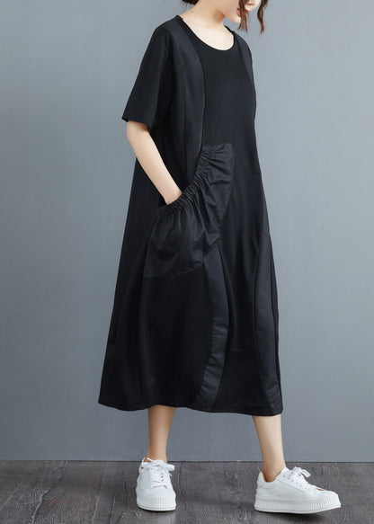 Black O-neck Big Pocket Patchwork Long Dress Short Sleeve