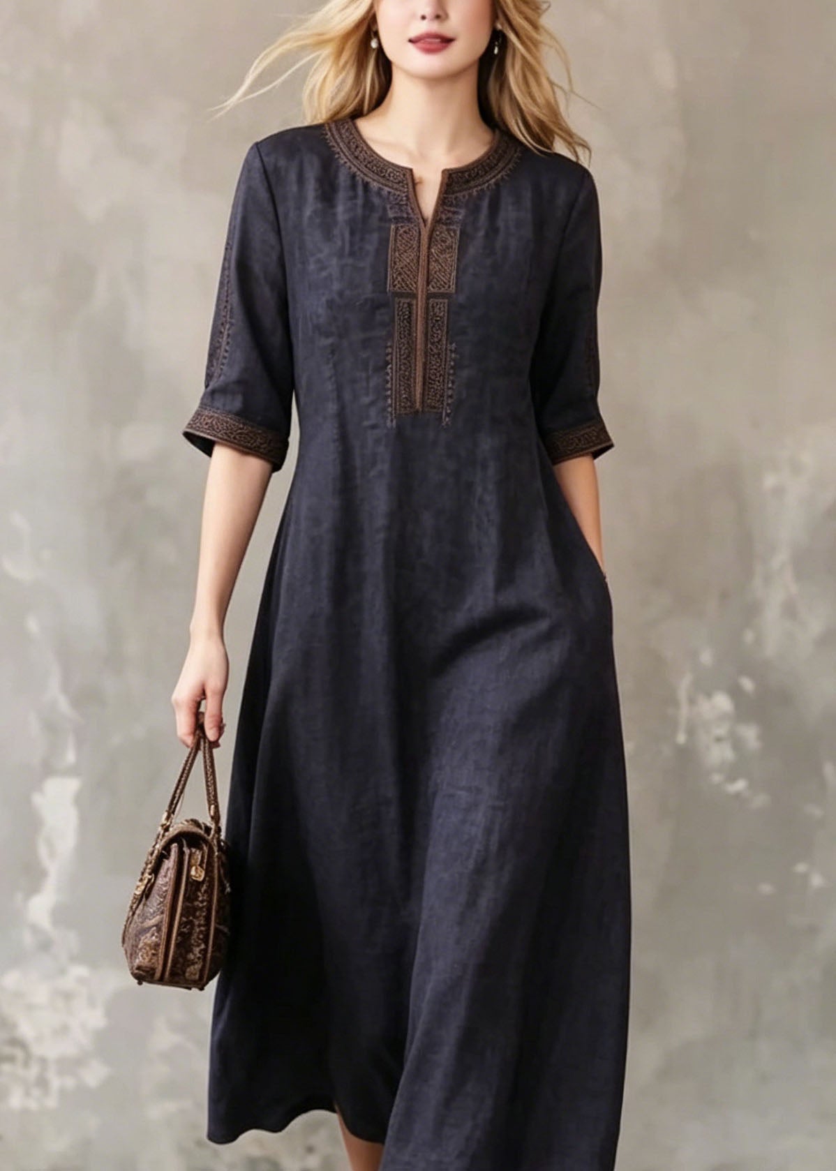 Black O-neck Embroidered Silk Dress Summer
