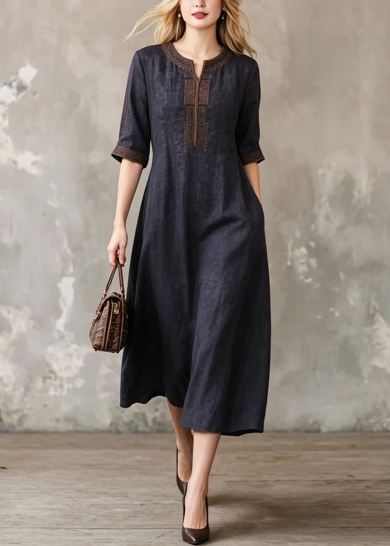Black O-neck Embroidered Silk Dress Summer
