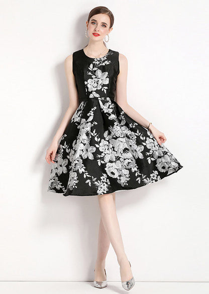 Black O Neck Jacquard Patchwork Chiffon Mid Dress Sleeveless