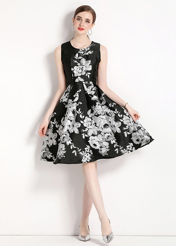 Black O Neck Jacquard Patchwork Chiffon Mid Dress Sleeveless