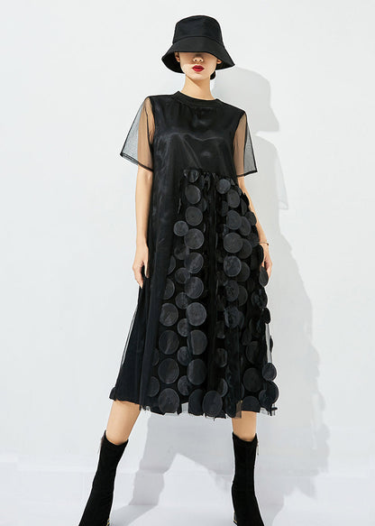Light Green O-neck Patchwork Dot Tulle Holiday Dress Summer