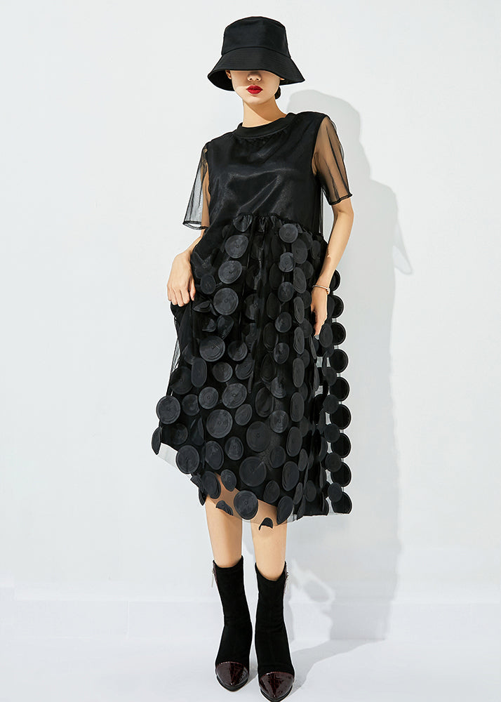 Black O-neck Patchwork Dot Tulle Holiday Dress Summer