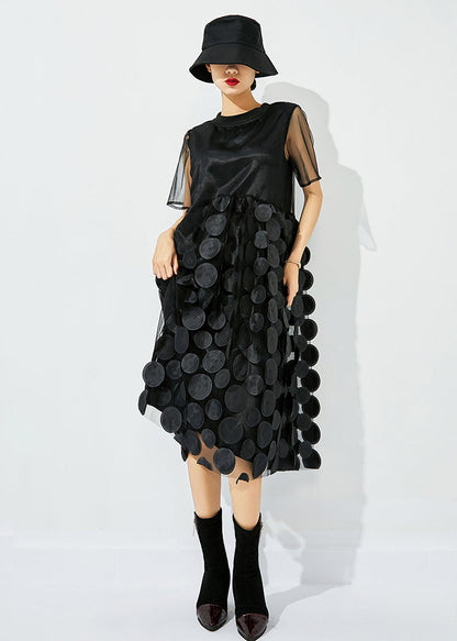 Black O-neck Patchwork Dot Tulle Holiday Dress Summer