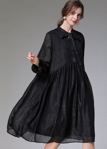 Black O-neck Patchwork Wrinkled Chiffon Mid Dresses Long Sleeve
