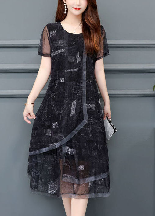 Black O-neck Print Chiffon Holiday Dress Summer