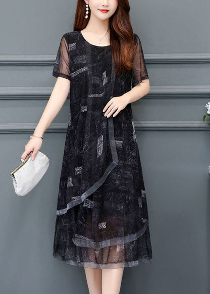 Black O-neck Print Chiffon Holiday Dress Summer