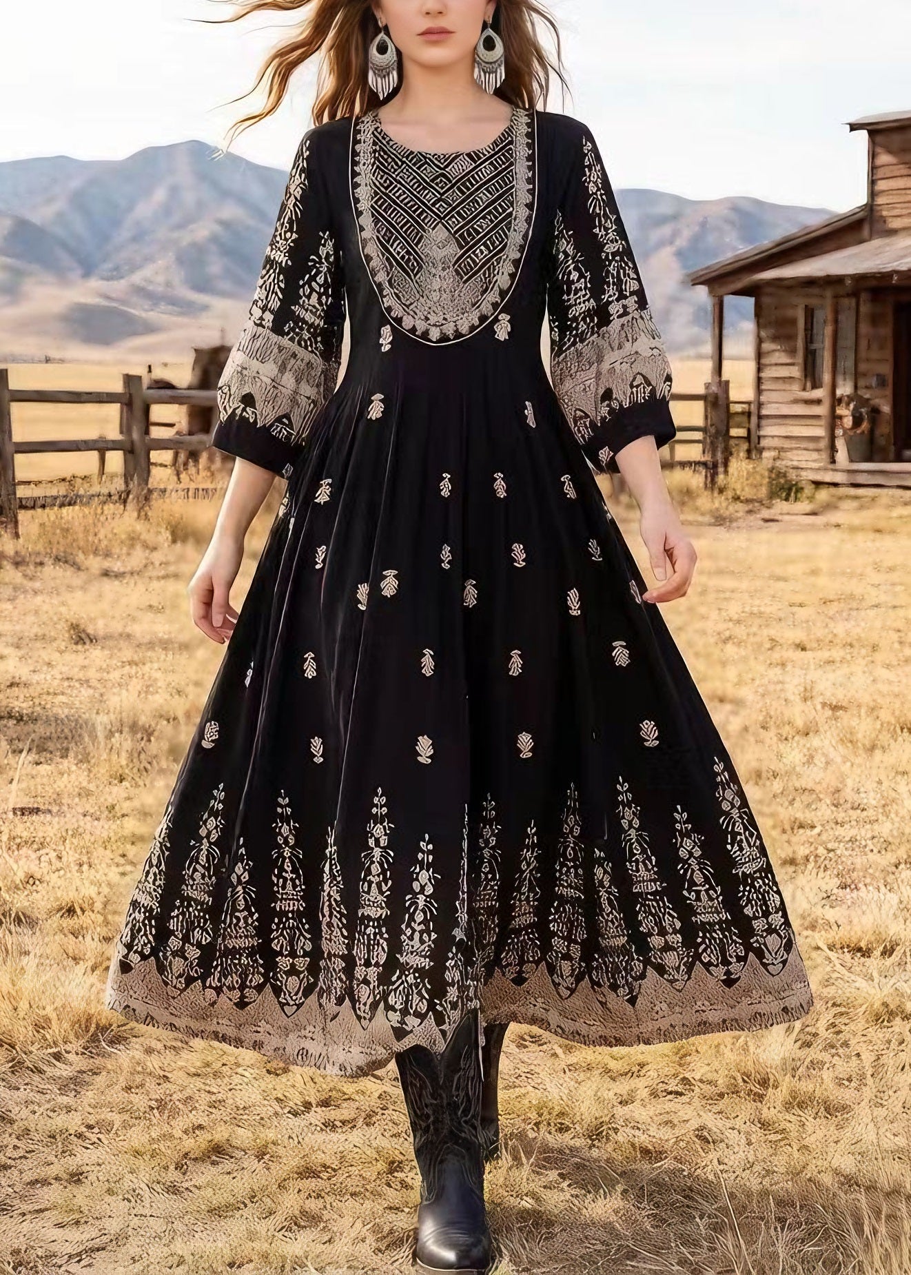 Black O Neck Print Cotton Dresses Bracelet Sleeve