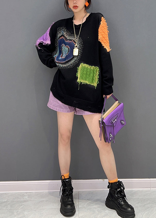 Black O-neck Print Patchwork Knit Sweaters Fall